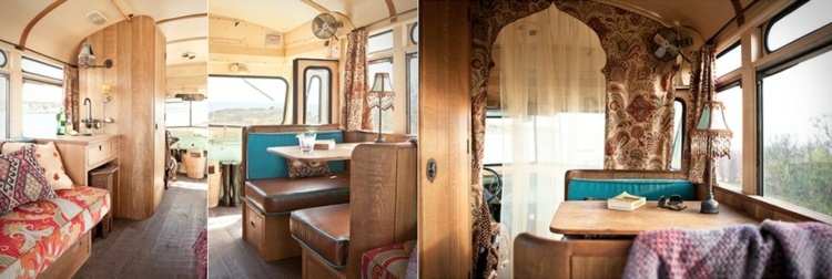 innendesign retro bus als wohnmobil sitzbereich sofa stoffe hippie