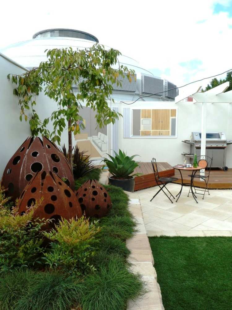 kunst gartendeko beet terrasse rost gestaltung grill modern