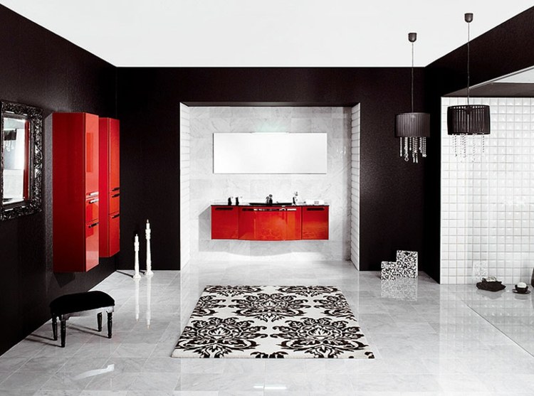 luxus bad schwarz weiss rot akzent konsole fliesen marmor hochglanz
