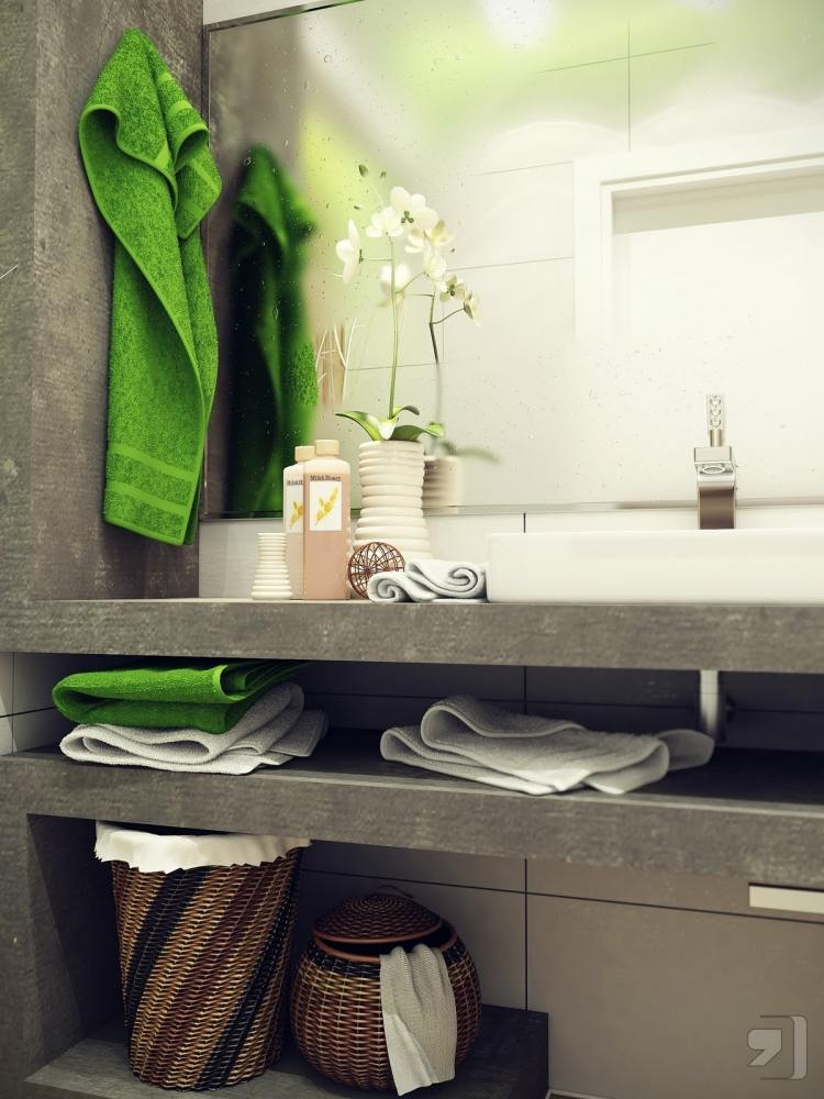 moderne Badezimmergestaltung -fliesen-klein-bad-schrank-regale-beton-grau