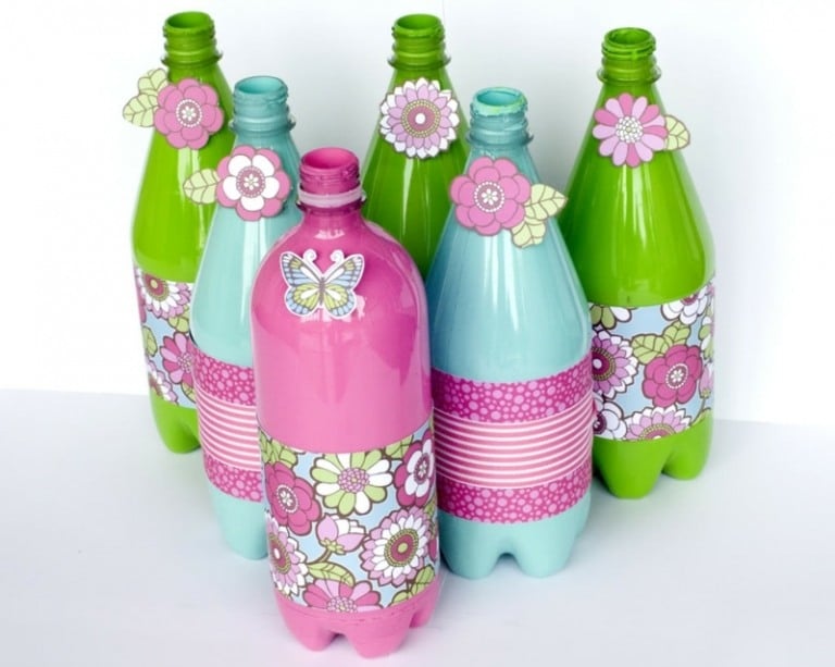 plastikflaschen basteln lackieren kleben papier floral vintage