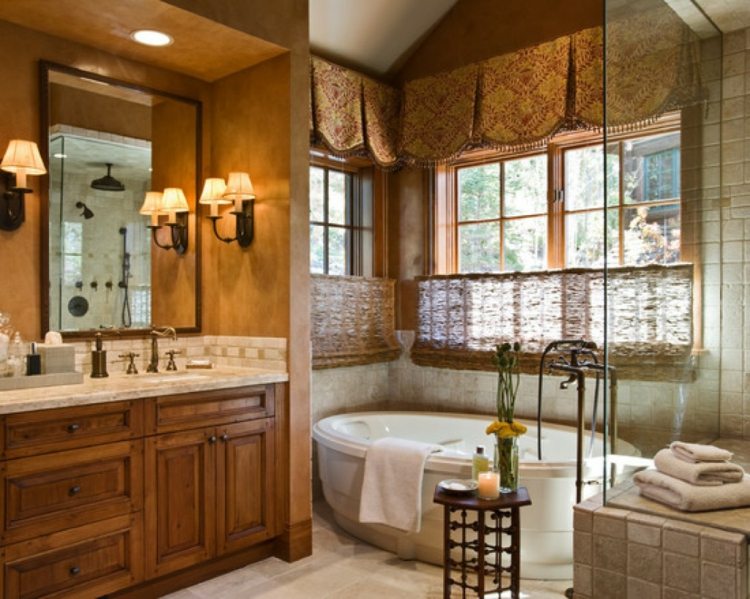 rustikal stil bad badewanne glas dusche schrank holz
