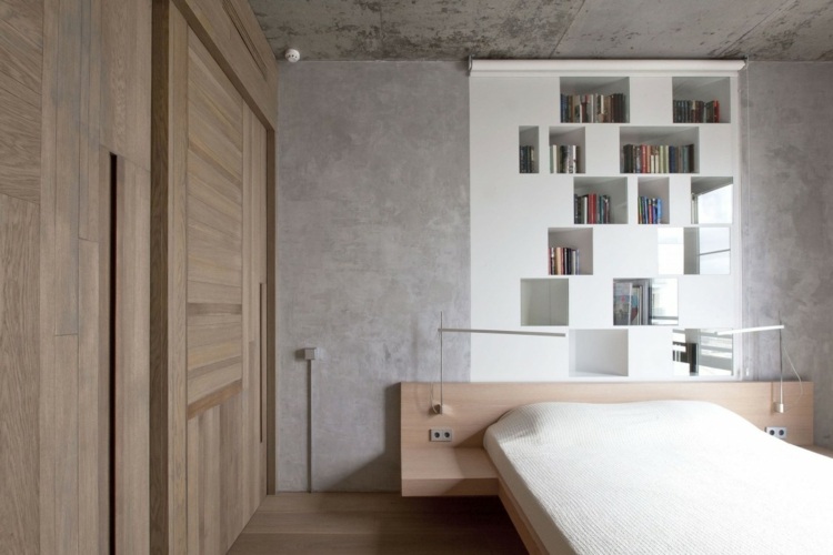 schlafzimmer bett holz japanisch regal wand beton parkett