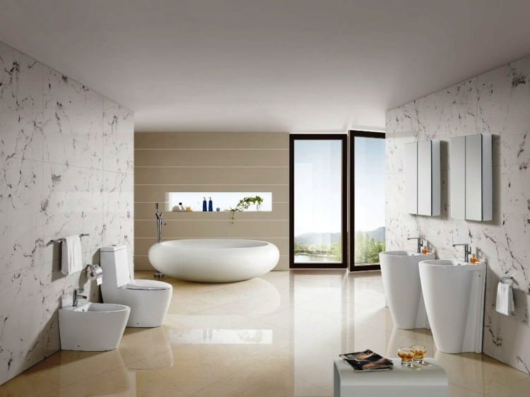 schlicht design bad beige hochglanz fliesenfarben marmor weiss