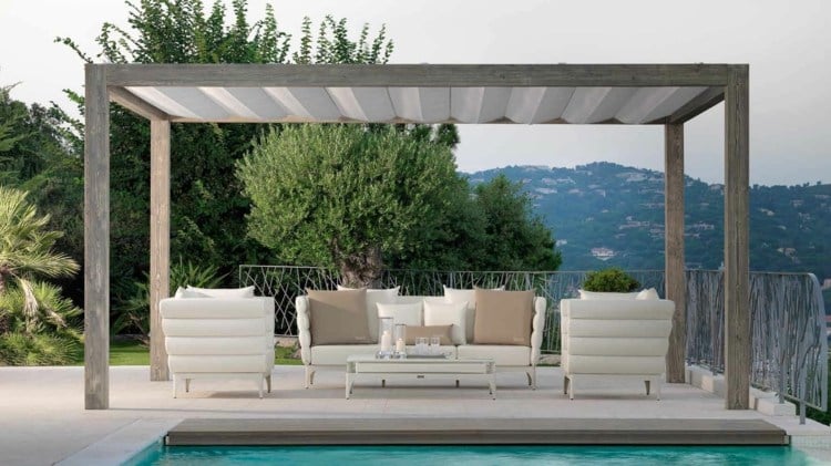 sitzbereich outdoor lounge gartenmöbel weiss modern pergola plissee