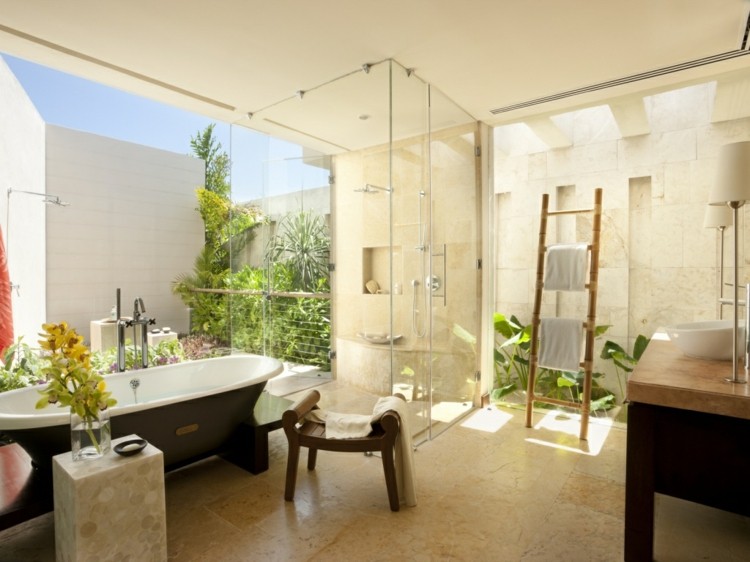 stil idee modern offen badezimmer wanne retro pflanzen glasdusche
