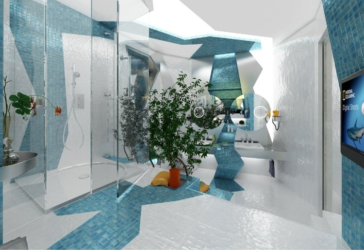 weiss blau badezimmer fliesenfarben ideen abstrakt dusche modern