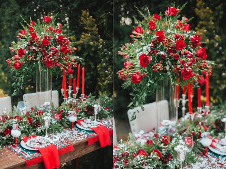 winter weihnachten dekoration hochzeit rot gruen rosen kerzen