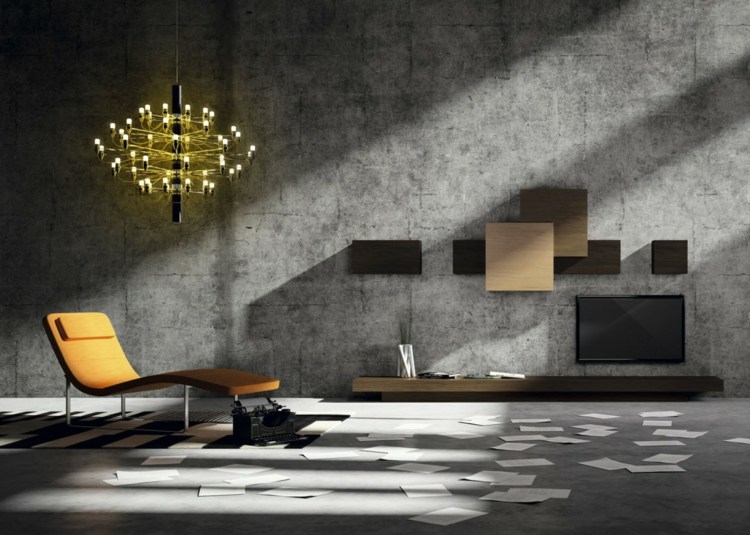 wohnzimmer idee möbel kollektion collage beton liegestuhl kronleuchter