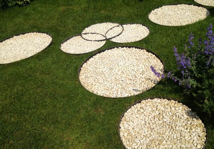 Zierkies im Garten -gestalten-kreise-formen-geometrisch-rasen-weiss-steine-modern