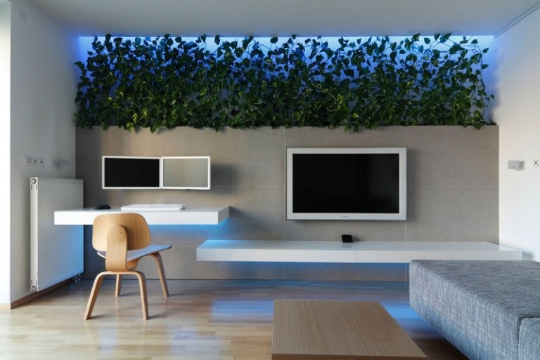 Einrichtungsideen-Wohnstilen-Wohnzimmer-gruene-Wand-LED-Beleuchtung