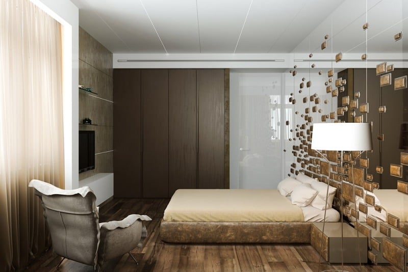 Moderne-Wohnideen-Schlafzimmer-Wandgestaltung-Laminatboden-Gardinen