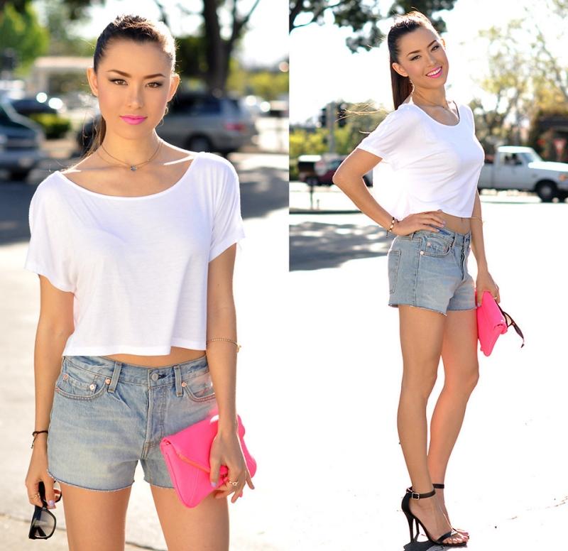 Modetrends-Sommer-2015-Jeans-Shorts-Bluse-weiss-rosa-Lippenstift