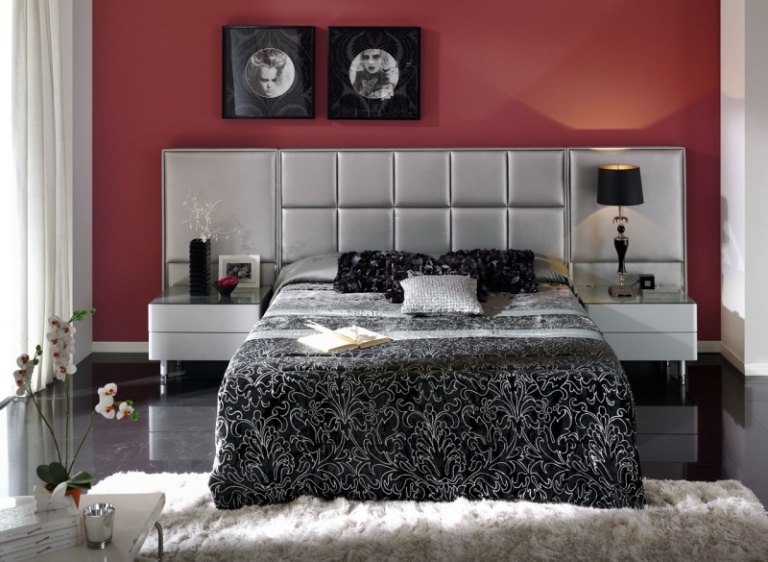 Schlafzimmer-Rot-grau-Bett-Kopfteil-Marmor-Boden