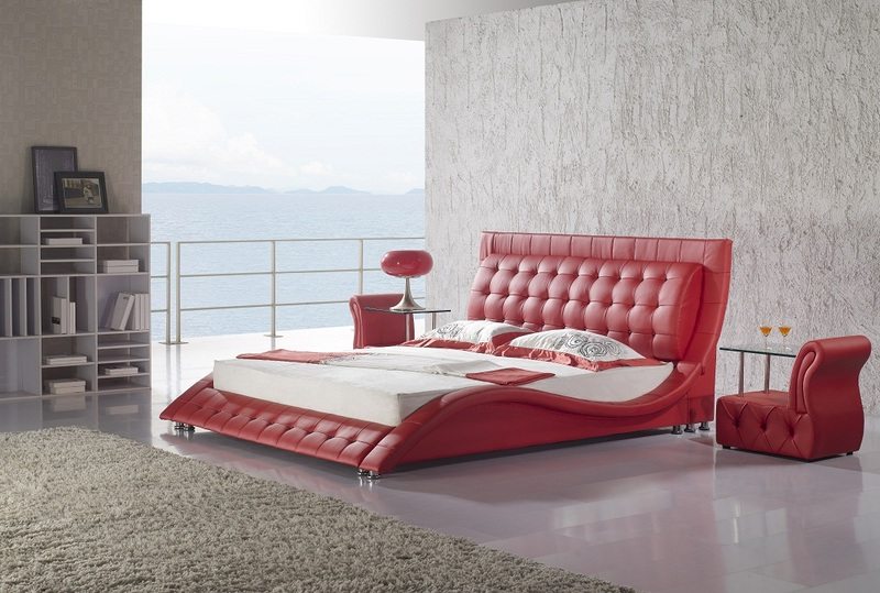 Schlafzimmer-rot-Lederbett-Rahmen-Ideen
