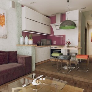 apartment ideen design mini farben purpur weisse kueche modern essbereich glastisch