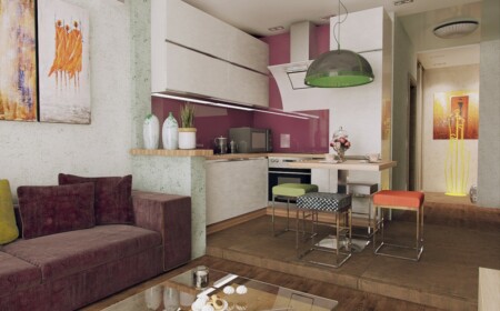 apartment ideen design mini farben purpur weisse kueche modern essbereich glastisch