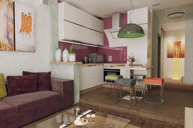 apartment ideen design mini farben purpur weisse kueche modern essbereich glastisch