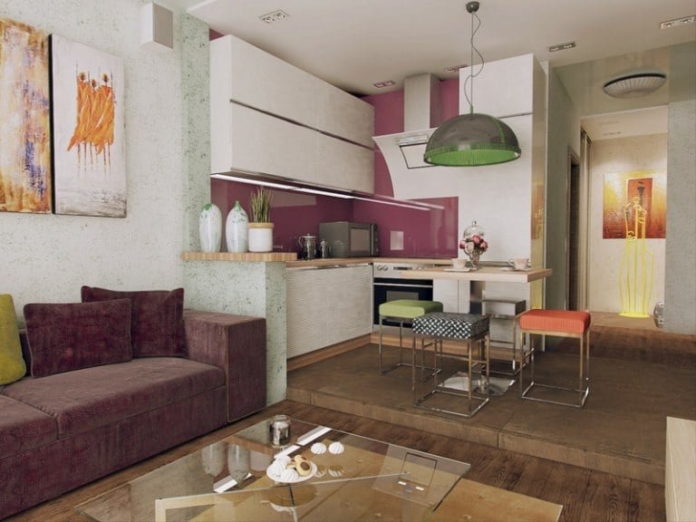 apartment ideen design mini farben purpur weisse kueche modern essbereich glastisch