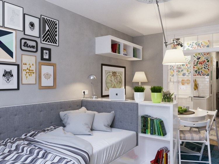 apartment mini design idee einrichtung bett wohnbereich esstisch weiss bilder