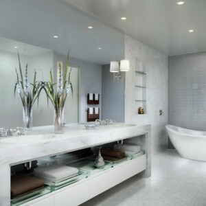 badezimmer ideen modern weiss grau vasen waschkonsole spiegel