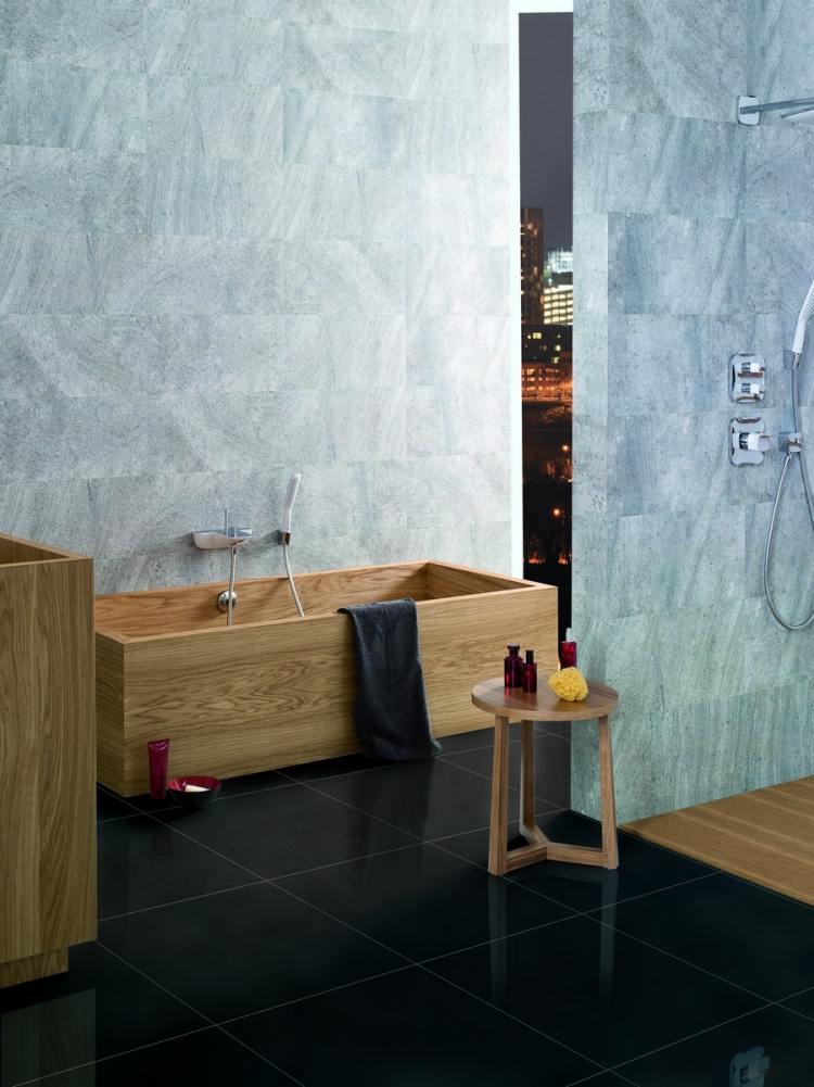 Badmöbel aus Holz -badewanne-dusche-granit-grau-schwarz-boden-schlicht