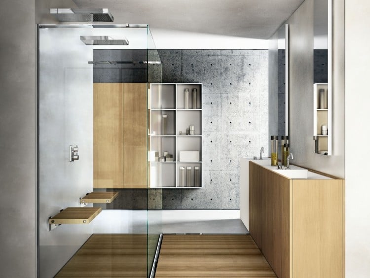 Badmöbel aus Holz -dusche-duschwanne-holzboden-holzlatten-beton