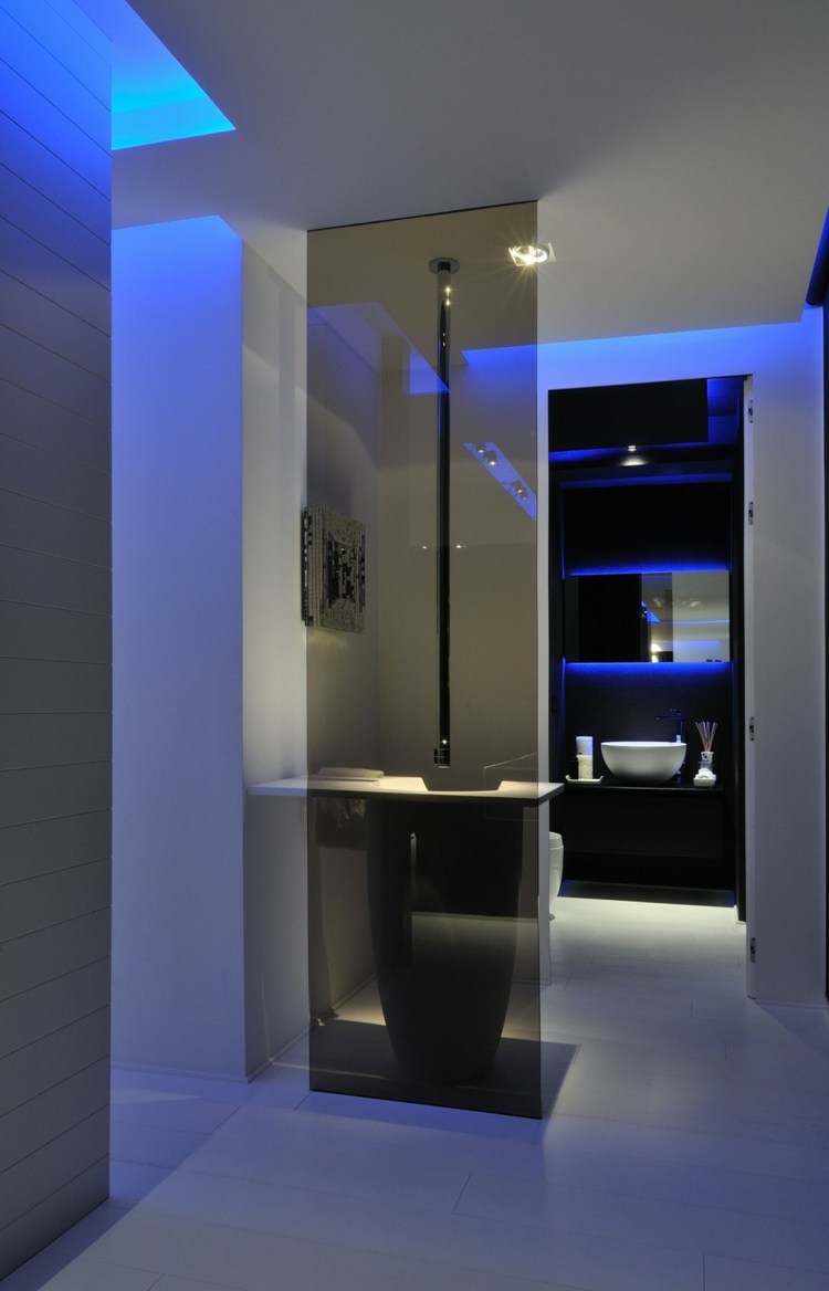beleuchtung indirekt blau wc design monochrom idee