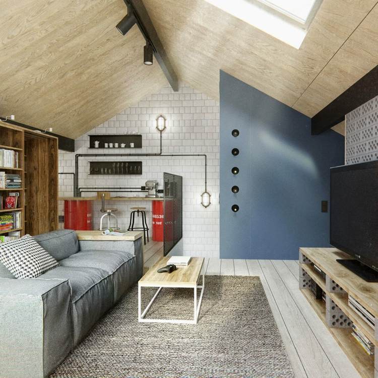 dachschraege design idee stil modern wohnzimmer sofa grau