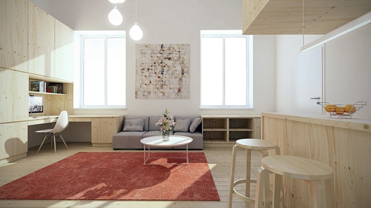 design apartment holz klein kueche barhocker teppich deko schreibtisch fenster couch