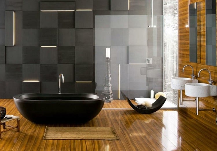 design badezimmer ideen parkett badewanne schwarz modern