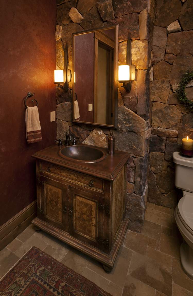 design gaeste wc rustikal stein wand fliesen schrank toilette
