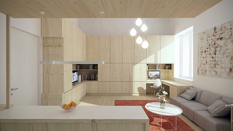 design ideen mini apartment einbauwand wohnzimmer holz loft teppich sofa grau