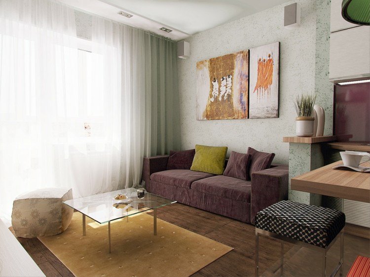 design mini apartment ideen velours sofa purpur einrichtung teppich deko orange