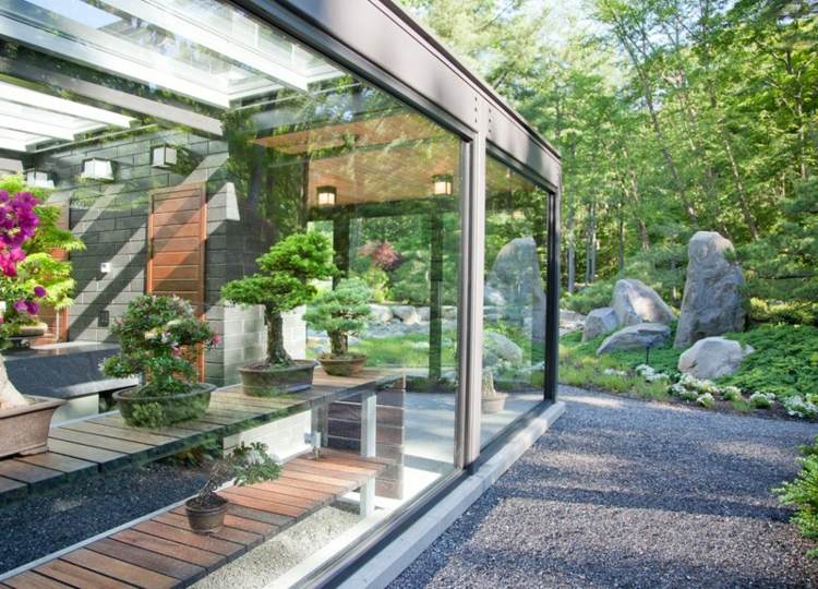 design wintergarten teestube haus glas fensterfront garten zen ambiente