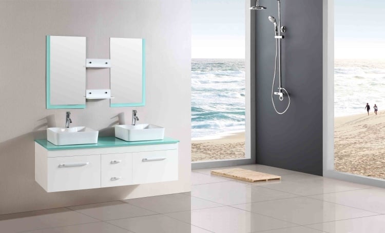 Doppelwaschtisch mit Aufsatzbecken -sets-viereck-gerundet-platte-glas-unterschrank-weiss-hochglanz-spiegel-dusche