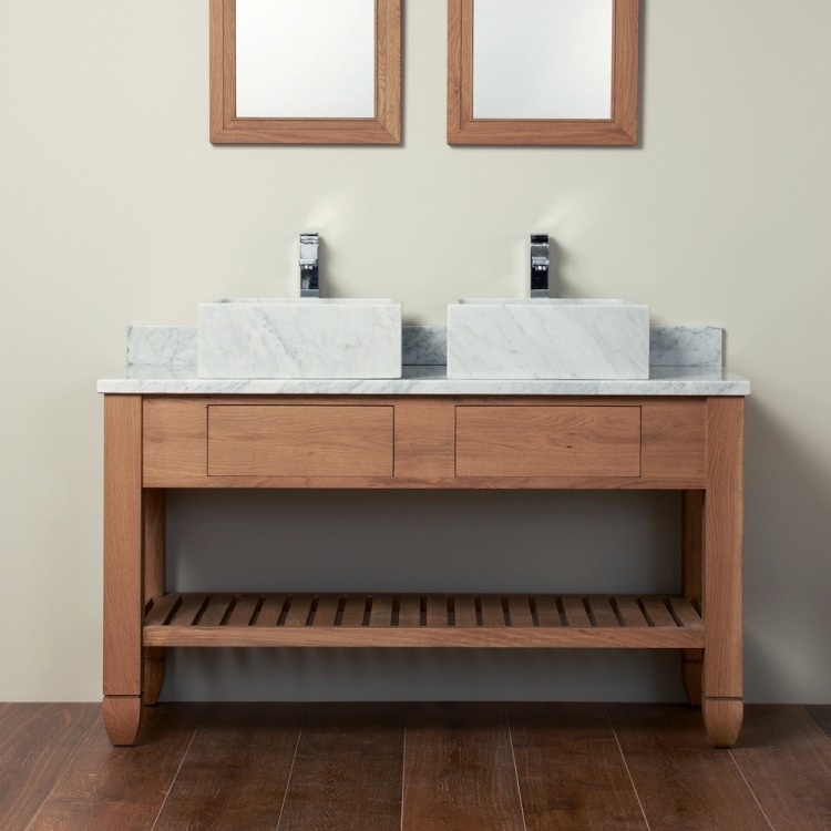 Doppelwaschtisch mit Aufsatzbecken -sets-viereck-marmor-platte-unterschrank-holz-massivholz-spiegel-zwei