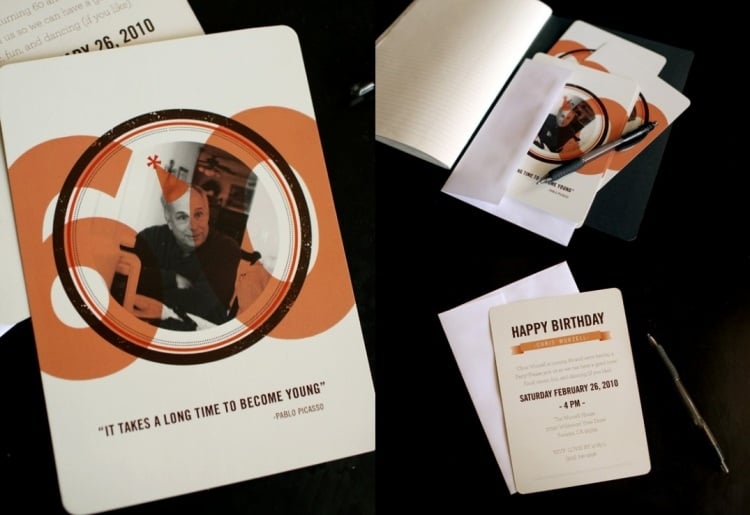 Einladungskarte zum 60. Geburtstag -geburtstag-ideen-kreativ-foto-orange-zahl-aphorismus-picasso
