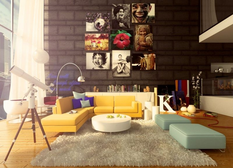 einrichtung fürs wohnzimmer gelb sofa hocker mintgruen bunte akzente teppich