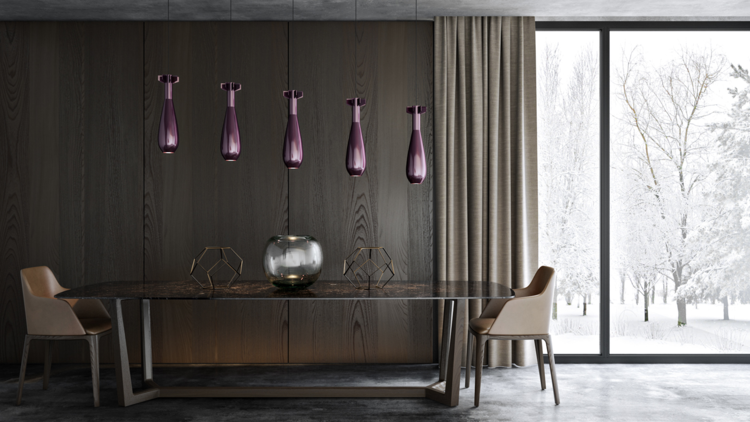 esszimmer einrichtung elegant glas pendelleuchten lila modern design idee