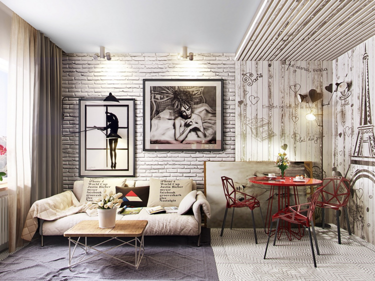 esszimmer klein stuehle rot wandverkleidung holz paris backstein wohnzimmer street style