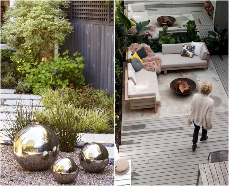 Feng Shui Gartengestaltung ideen-verspiegelte-kugeln-spegelwand-hinterhof-terrasse