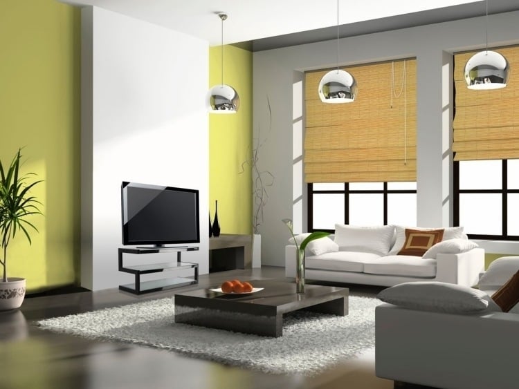 feng-shui-wohnzimmer-einrichten-fenster-couch-weiss-grau-gelb-wand-haengeleuchte-couchtisch-fernseher
