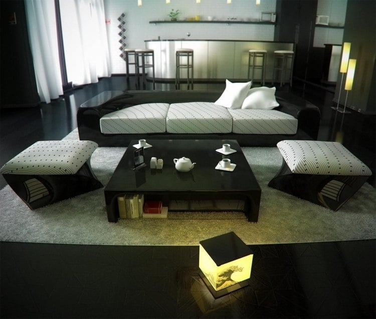 feng-shui-wohnzimmer-einrichten-modern-hochglanz-schwarz-weiss-couch-hocker-offen