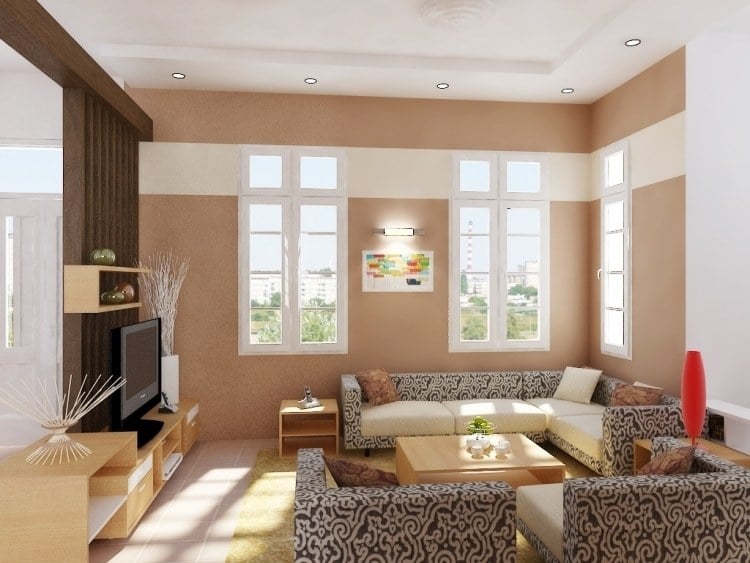 Feng Shui Wohnzimmer einrichten -modern-muster-polster-beige-fenster-ferneseher-couchtisch