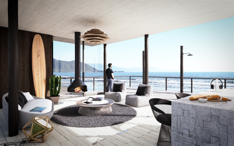 Ferienwohnung am Meer -einrichten-strandhaus-terrasse-offen-decke-grau-stein-holz