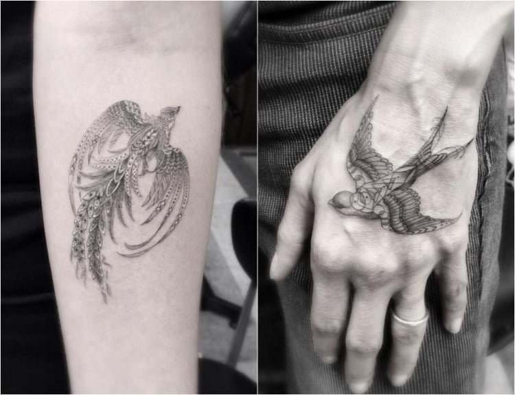 filigrane Tattoo Motive vogel-arm-hand-feine-linien