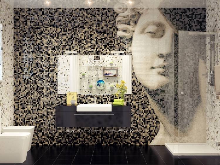Fliesen Badezimmer Ideen -mediterran-mosaik-schwarz-weiss-rom-fugur-skulptur-modern-boden-schwarz