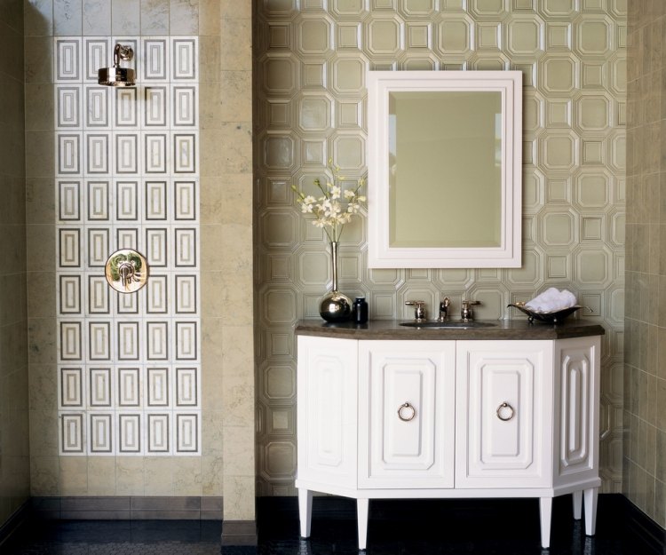 Fliesen Badezimmer Ideen -mediterran-weiss-unterschrank-bege-gruen-erdtoene-spiegel-dusche-retro-vintage