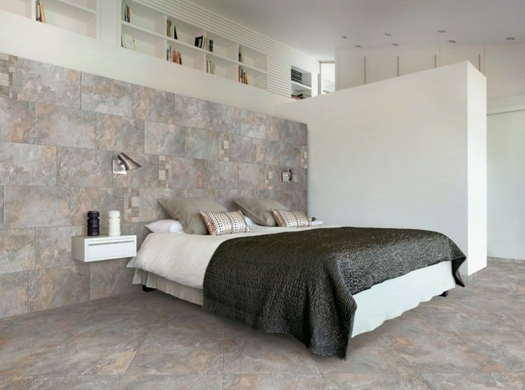 fliesen steinoptik rok grau design schlafzimmer bett wand verkleidung